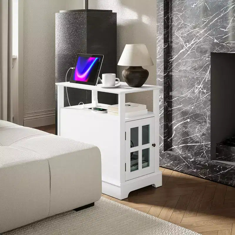 Narrow Side Table with Charging Station - 2 USB Ports, 2 Outlets, Hidden Storage
