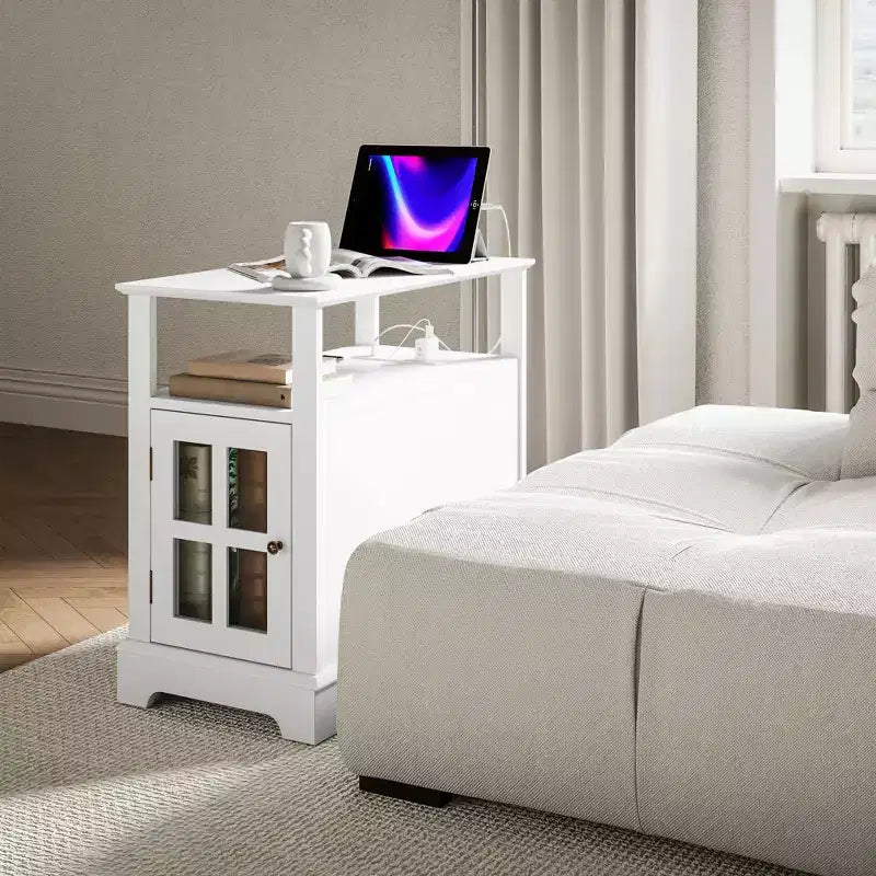 Narrow Side Table with Charging Station - 2 USB Ports, 2 Outlets, Hidden Storage