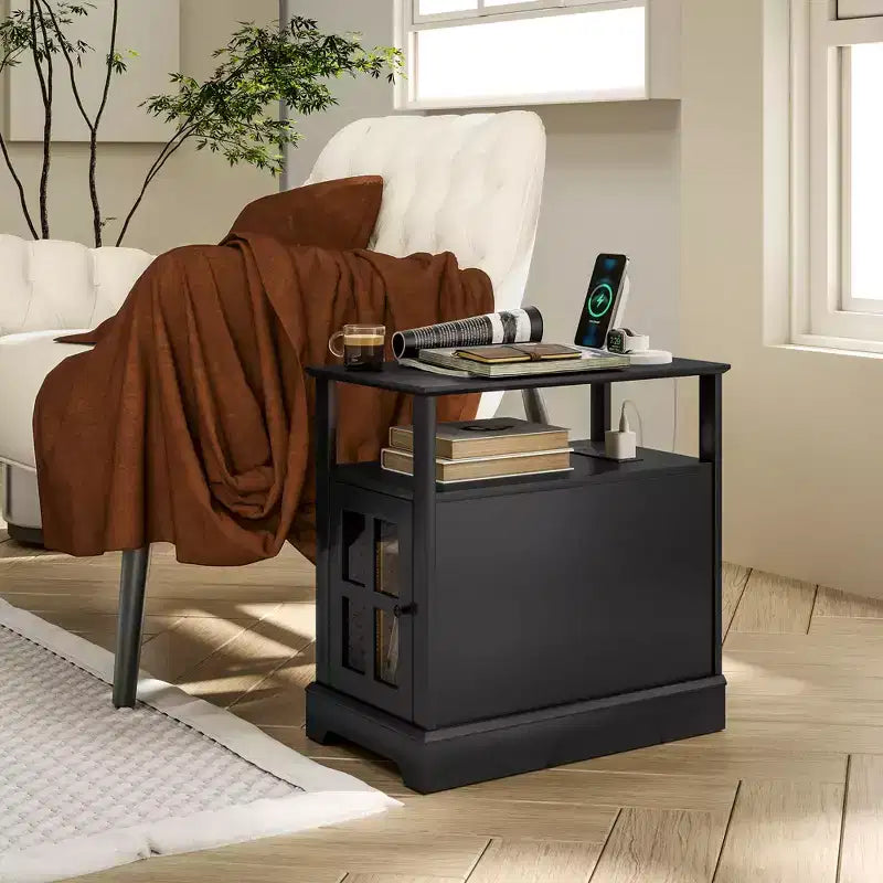 Narrow Side Table with Charging Station - 2 USB Ports, 2 Outlets, Hidden Storage