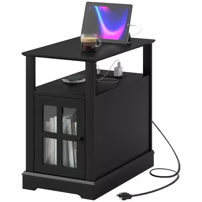 Narrow Side Table with Charging Station - 2 USB Ports, 2 Outlets, Hidden Storage