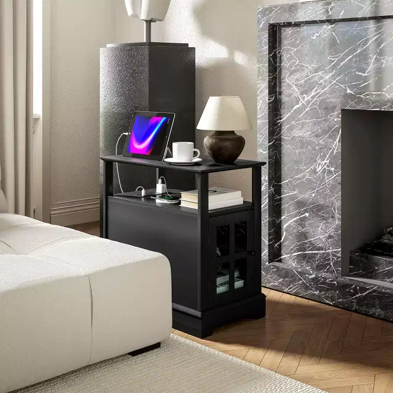 Narrow Side Table with Charging Station - 2 USB Ports, 2 Outlets, Hidden Storage