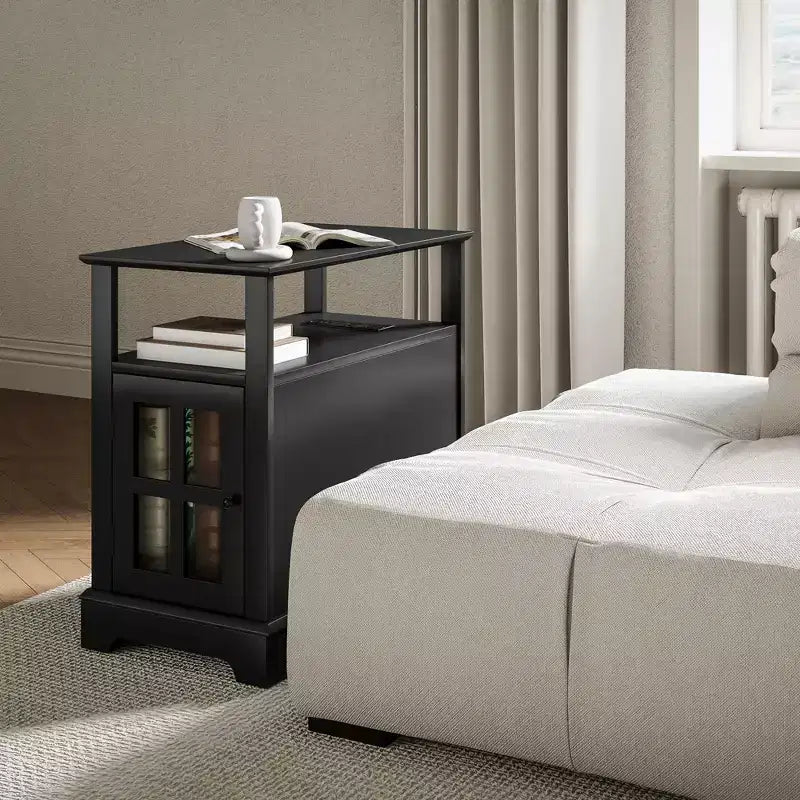 Narrow Side Table with Charging Station - 2 USB Ports, 2 Outlets, Hidden Storage