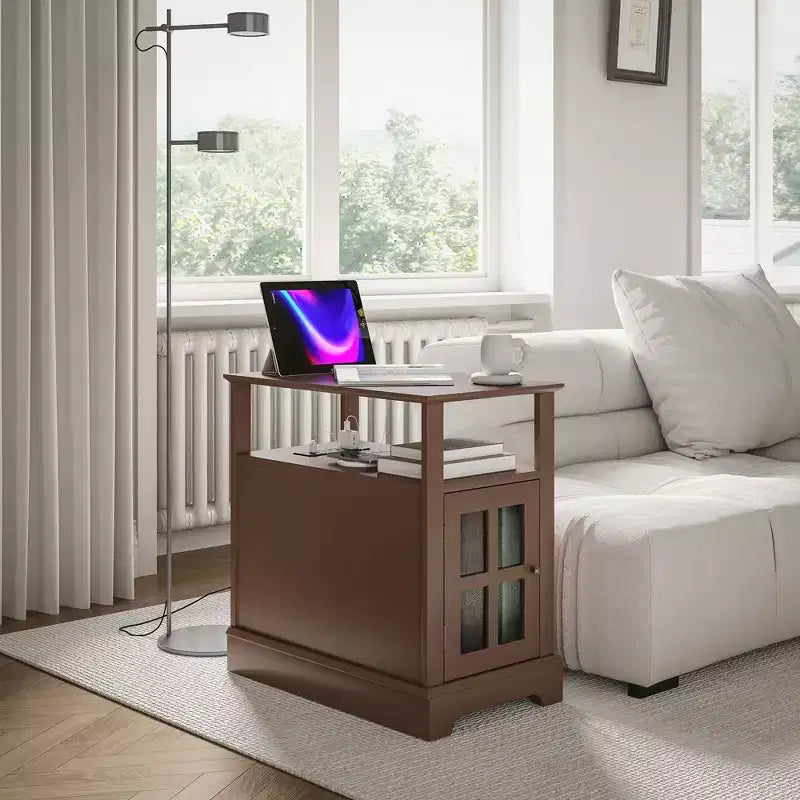 Narrow Side Table with Charging Station - 2 USB Ports, 2 Outlets, Hidden Storage