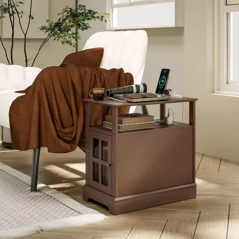 Narrow Side Table with Charging Station - 2 USB Ports, 2 Outlets, Hidden Storage