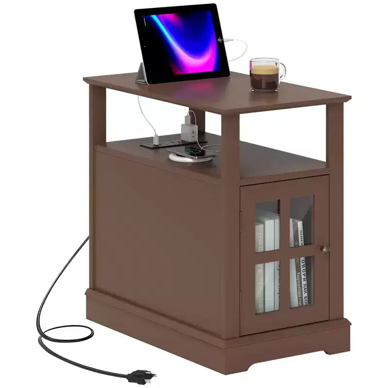 Narrow Side Table with Charging Station - 2 USB Ports, 2 Outlets, Hidden Storage