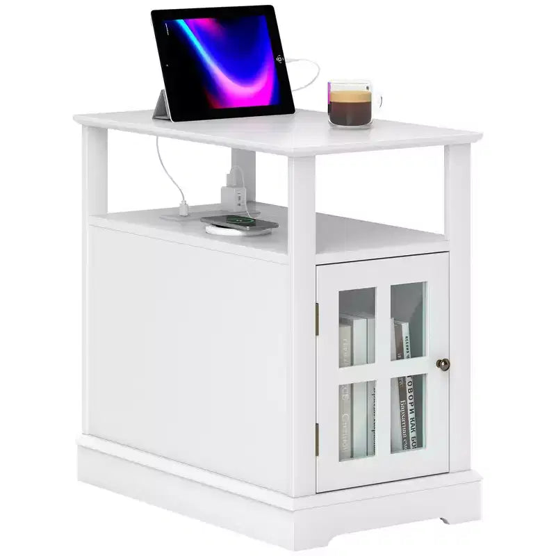 Narrow Side Table with Charging Station - 2 USB Ports, 2 Outlets, Hidden Storage