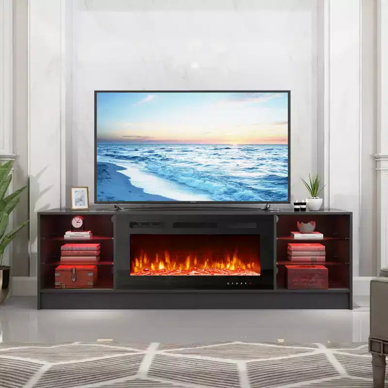 Fireplace TV Stand with 40" Electric Fireplace and Adjustable Glass Shelves - TVs up to 79"