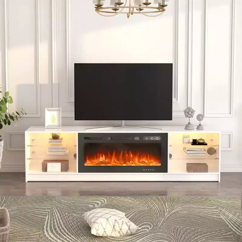 Fireplace TV Stand with 40" Electric Fireplace and Adjustable Glass Shelves - TVs up to 79"