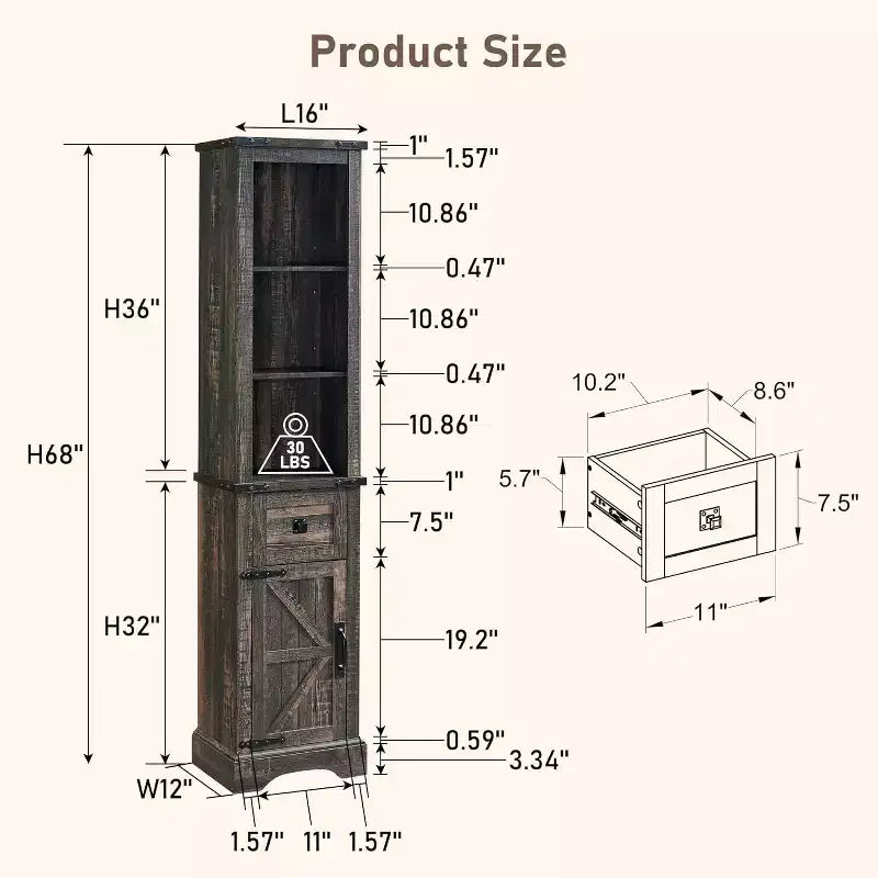 68" Farmhouse Tall Linen Tower Bathroom Floor Cabinet with Adjustable Shelves