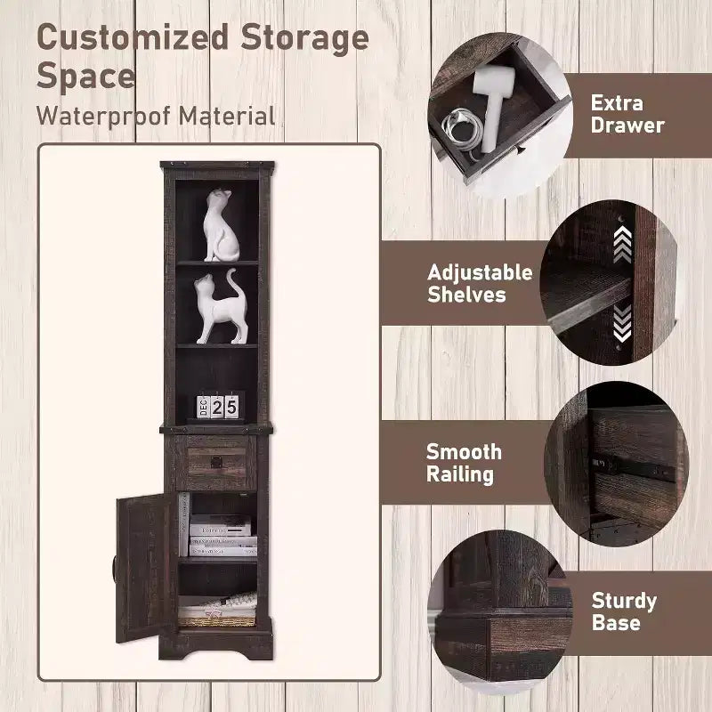 68" Farmhouse Tall Linen Tower Bathroom Floor Cabinet with Adjustable Shelves
