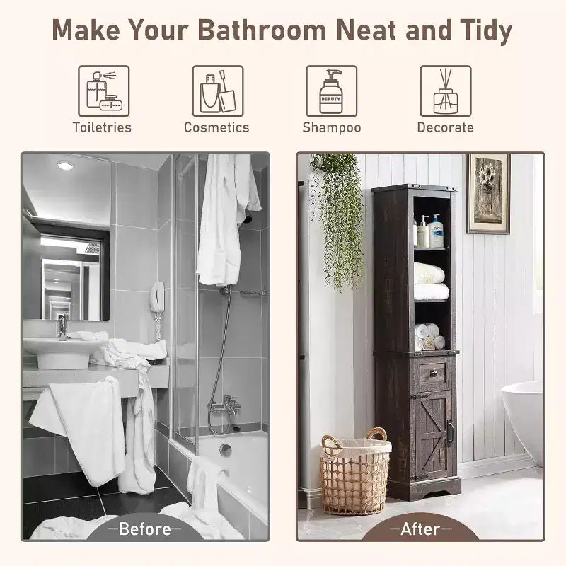 68" Farmhouse Tall Linen Tower Bathroom Floor Cabinet with Adjustable Shelves