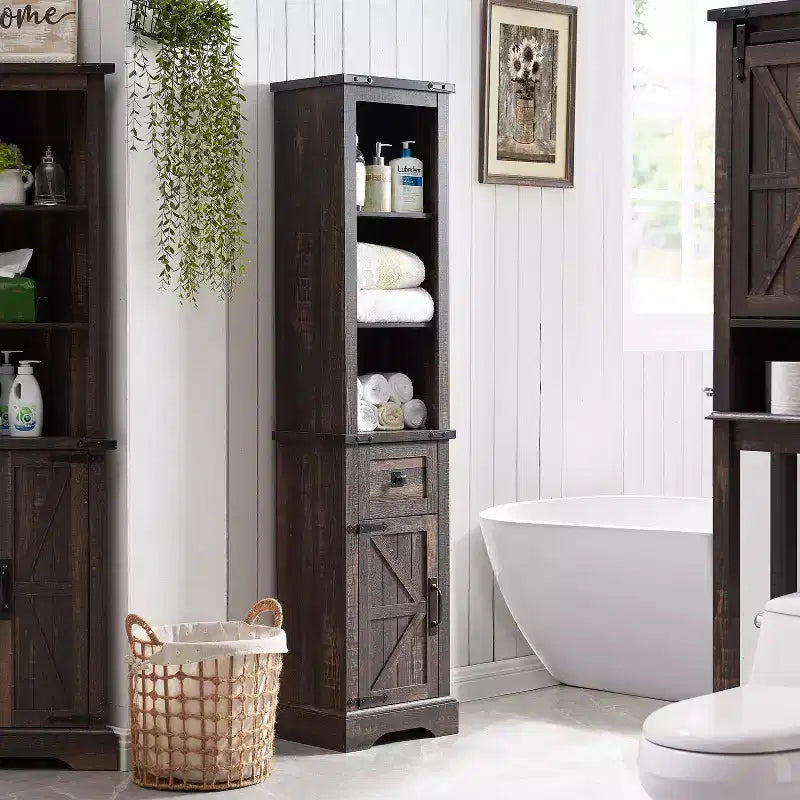 68" Farmhouse Tall Linen Tower Bathroom Floor Cabinet with Adjustable Shelves