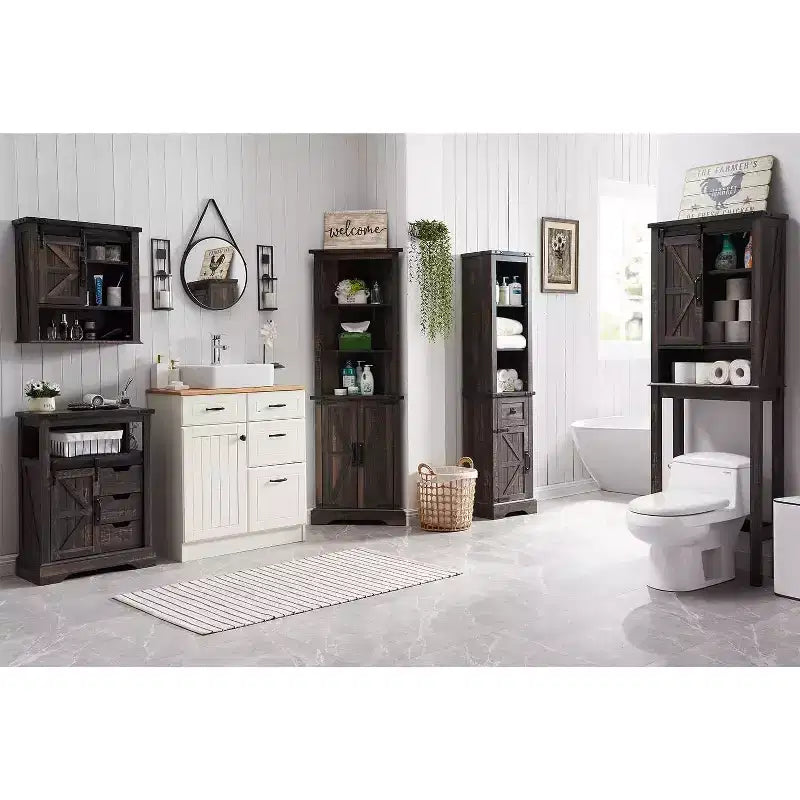 68" Farmhouse Tall Linen Tower Bathroom Floor Cabinet with Adjustable Shelves