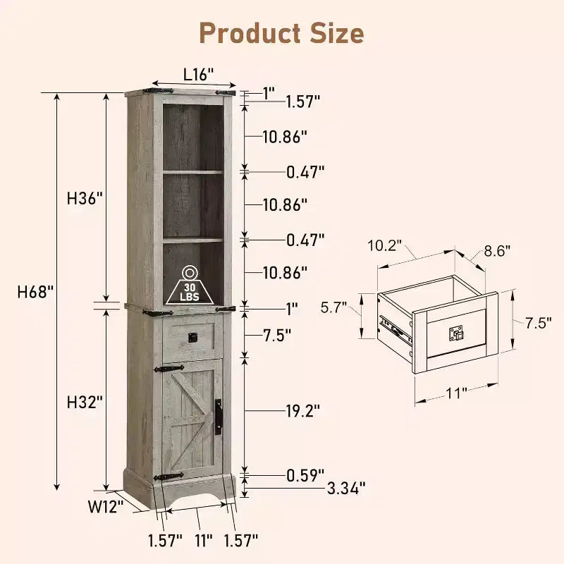 68" Farmhouse Tall Linen Tower Bathroom Floor Cabinet with Adjustable Shelves
