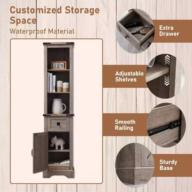 68" Farmhouse Tall Linen Tower Bathroom Floor Cabinet with Adjustable Shelves