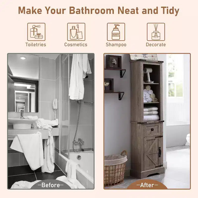 68" Farmhouse Tall Linen Tower Bathroom Floor Cabinet with Adjustable Shelves