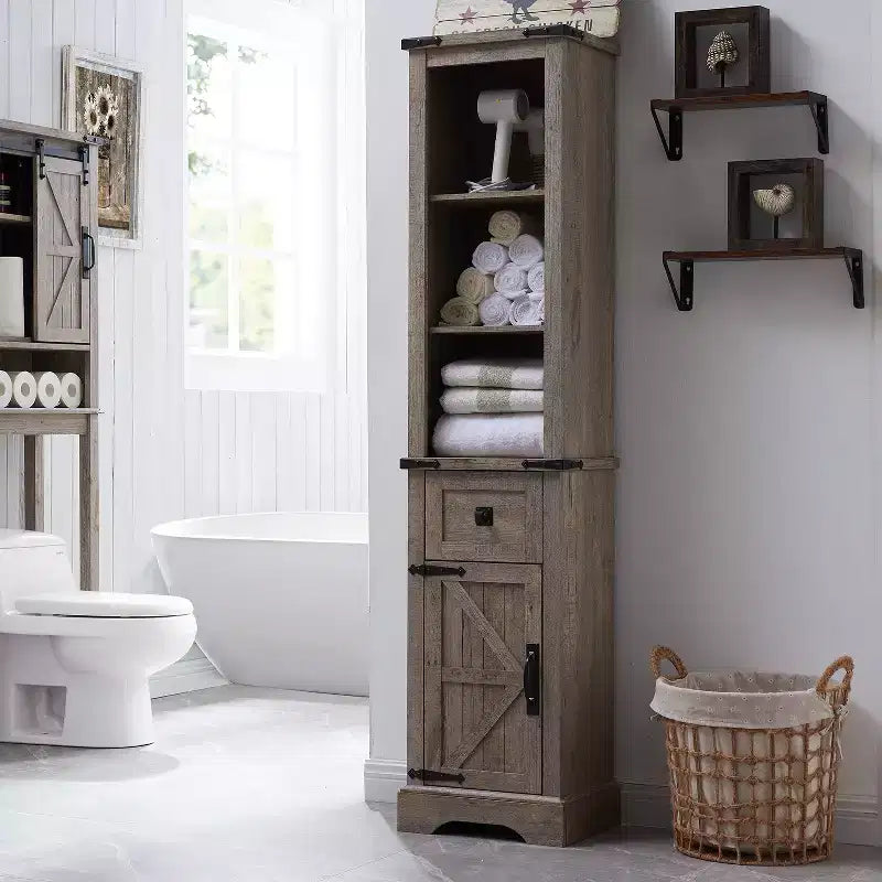 68" Farmhouse Tall Linen Tower Bathroom Floor Cabinet with Adjustable Shelves