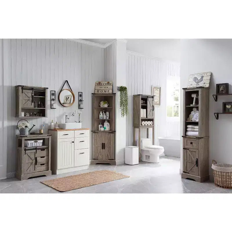 68" Farmhouse Tall Linen Tower Bathroom Floor Cabinet with Adjustable Shelves