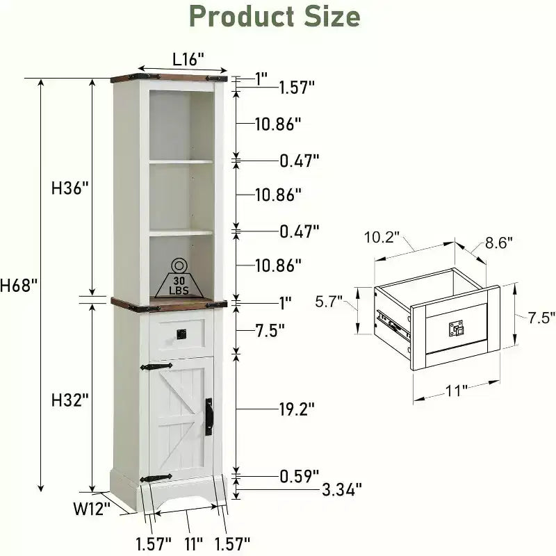 68" Farmhouse Tall Linen Tower Bathroom Floor Cabinet with Adjustable Shelves