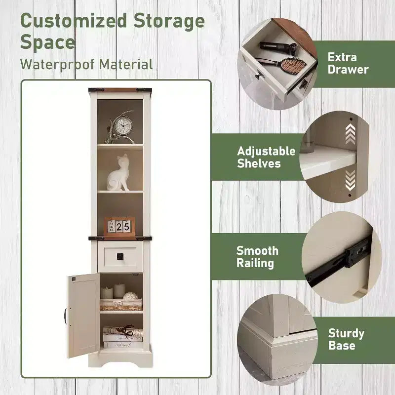 68" Farmhouse Tall Linen Tower Bathroom Floor Cabinet with Adjustable Shelves