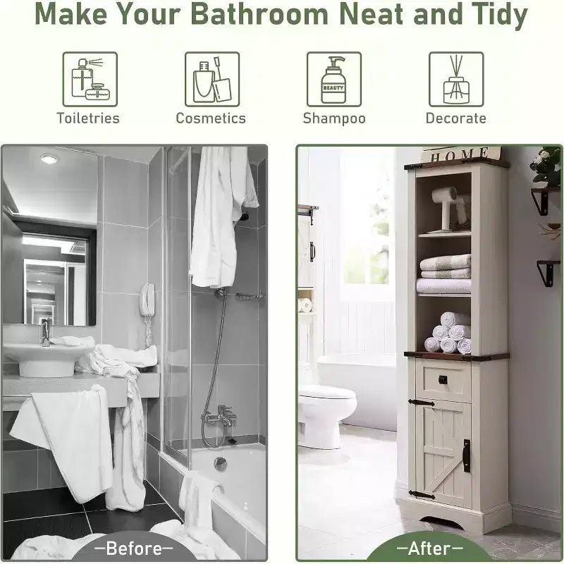 68" Farmhouse Tall Linen Tower Bathroom Floor Cabinet with Adjustable Shelves