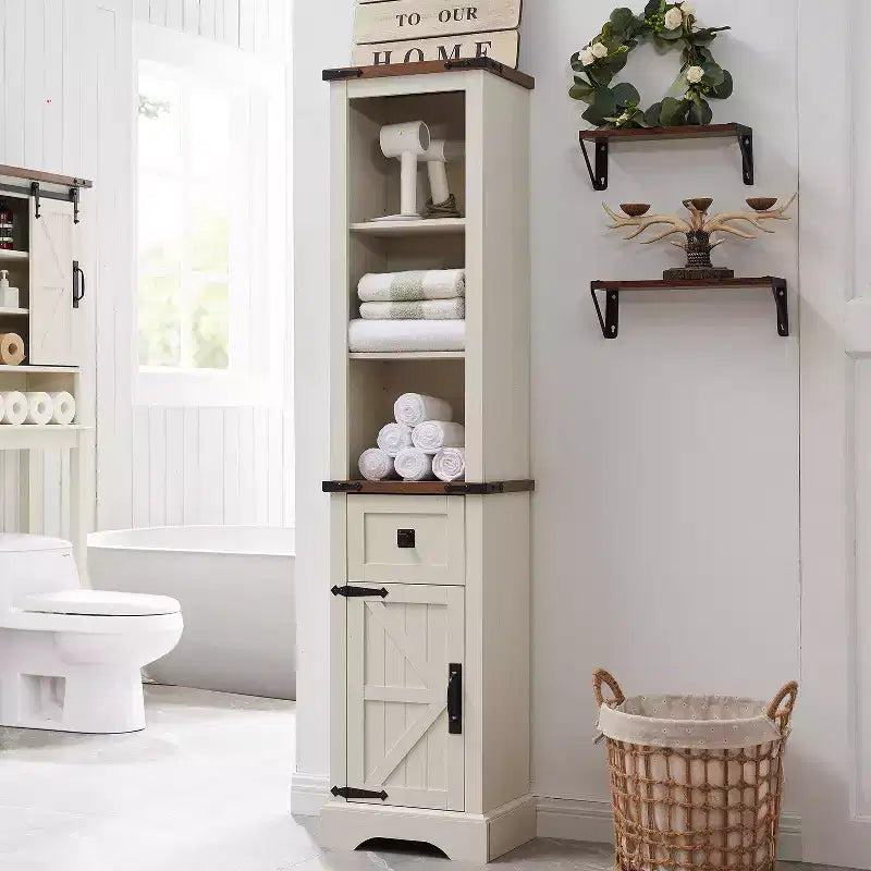 68" Farmhouse Tall Linen Tower Bathroom Floor Cabinet with Adjustable Shelves