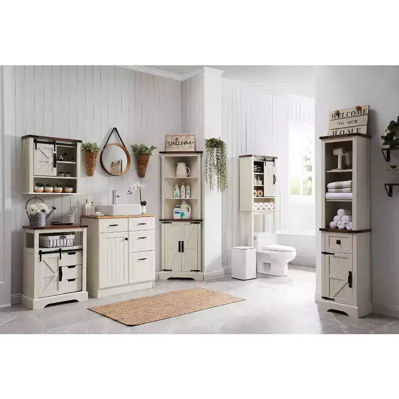 68" Farmhouse Tall Linen Tower Bathroom Floor Cabinet with Adjustable Shelves