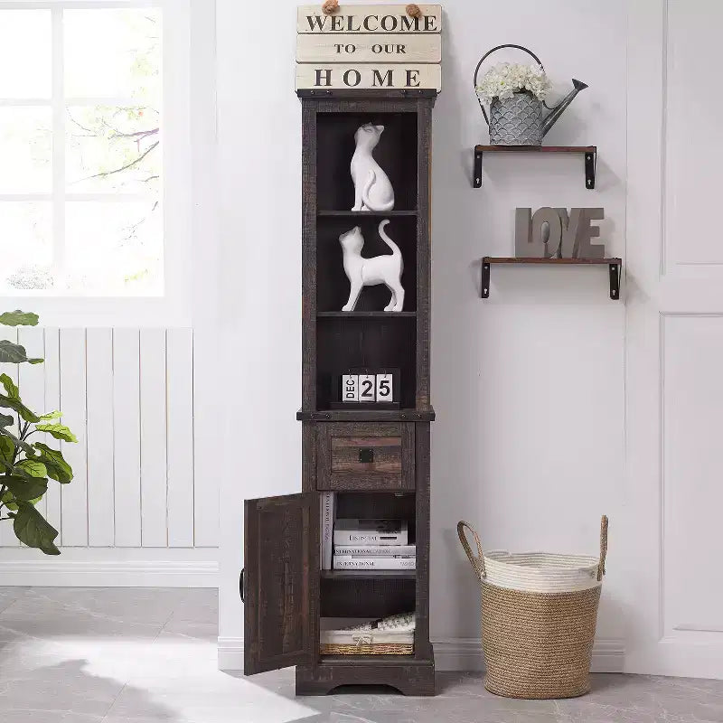 68" Farmhouse Tall Linen Tower Bathroom Floor Cabinet with Adjustable Shelves
