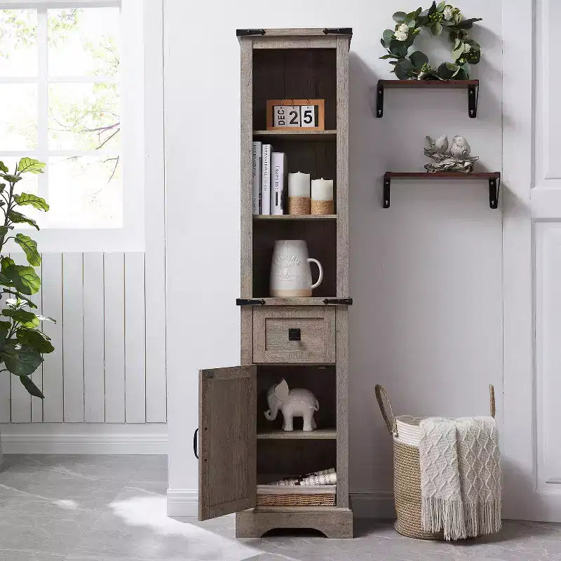 68" Farmhouse Tall Linen Tower Bathroom Floor Cabinet with Adjustable Shelves