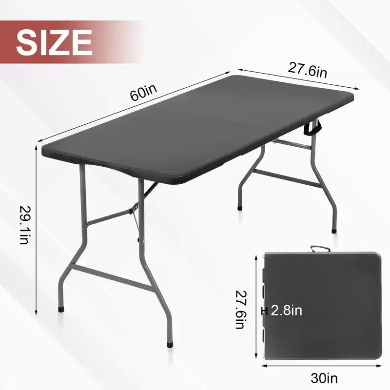 Folding Table 5 Foot Portable HDPE Plastic Indoor Outdoor Rectangular Table with Steel Legs Black