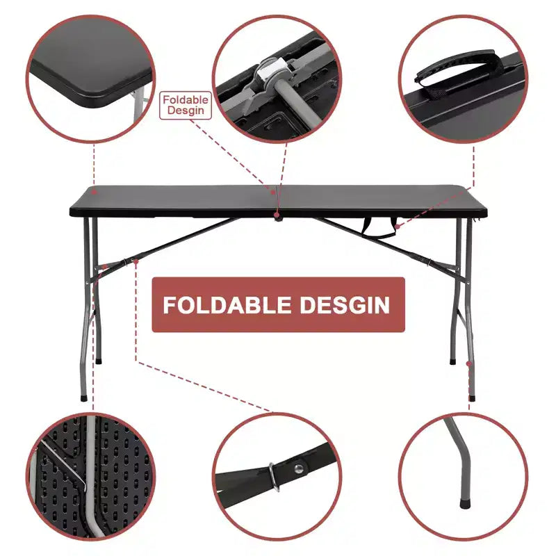 Folding Table 5 Foot Portable HDPE Plastic Indoor Outdoor Rectangular Table with Steel Legs Black