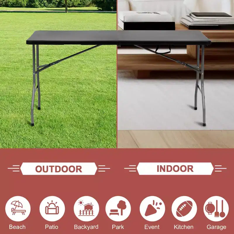Folding Table 5 Foot Portable HDPE Plastic Indoor Outdoor Rectangular Table with Steel Legs Black