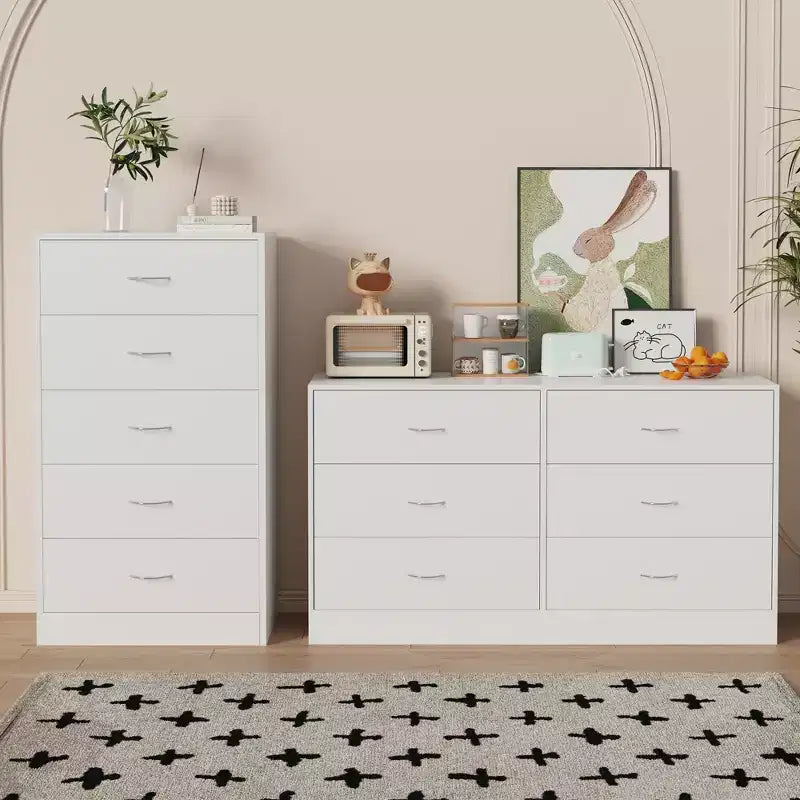 5-Drawer White Wood Dresser Tall Storage with Metal Handles