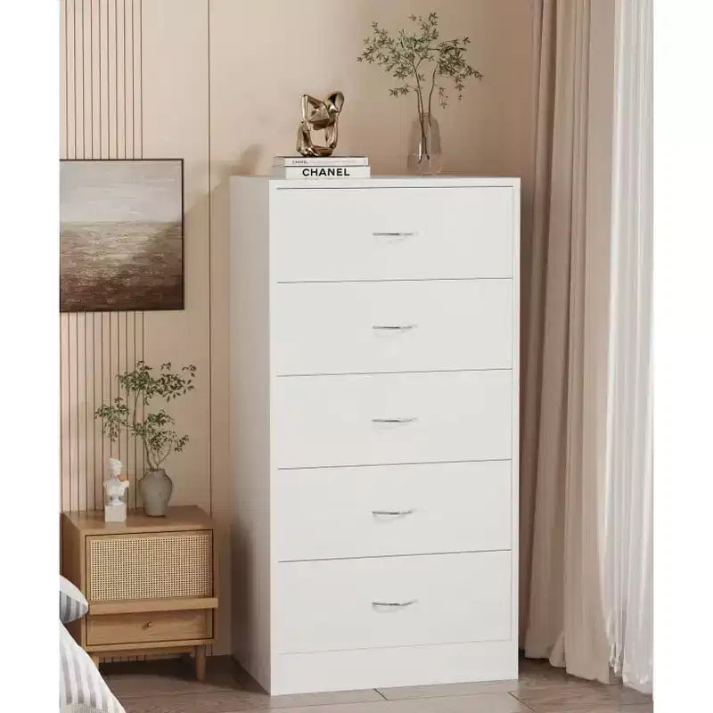 5-Drawer White Wood Dresser Tall Storage with Metal Handles