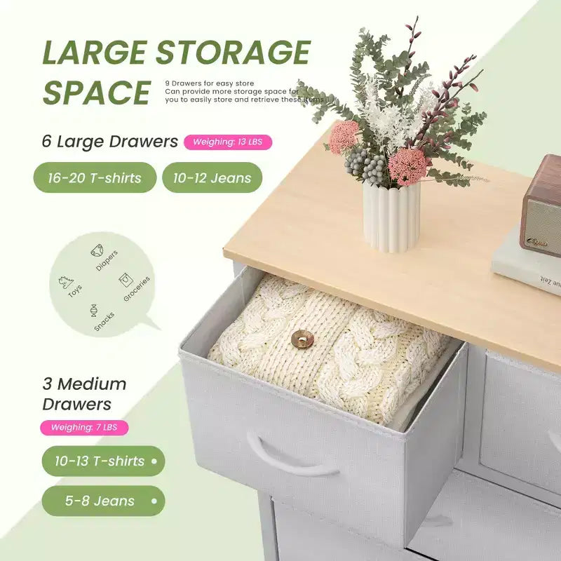 9 Drawer Fabric Storage Dresser Chest