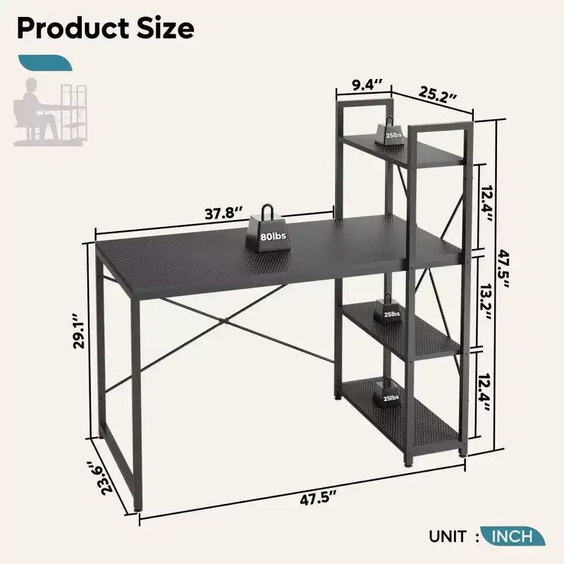 47" Computer Desk with Reversible Bookshelf