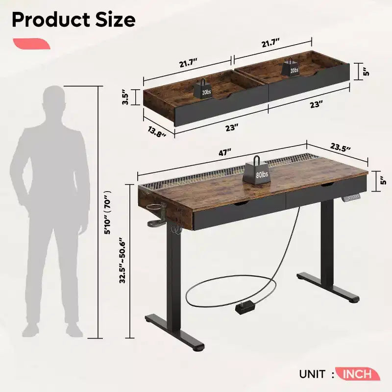 47x24" Electric Standing Desk with Dual Drawers and LED Light