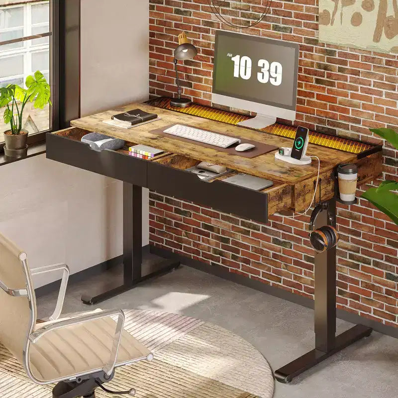 47x24" Electric Standing Desk with Dual Drawers and LED Light