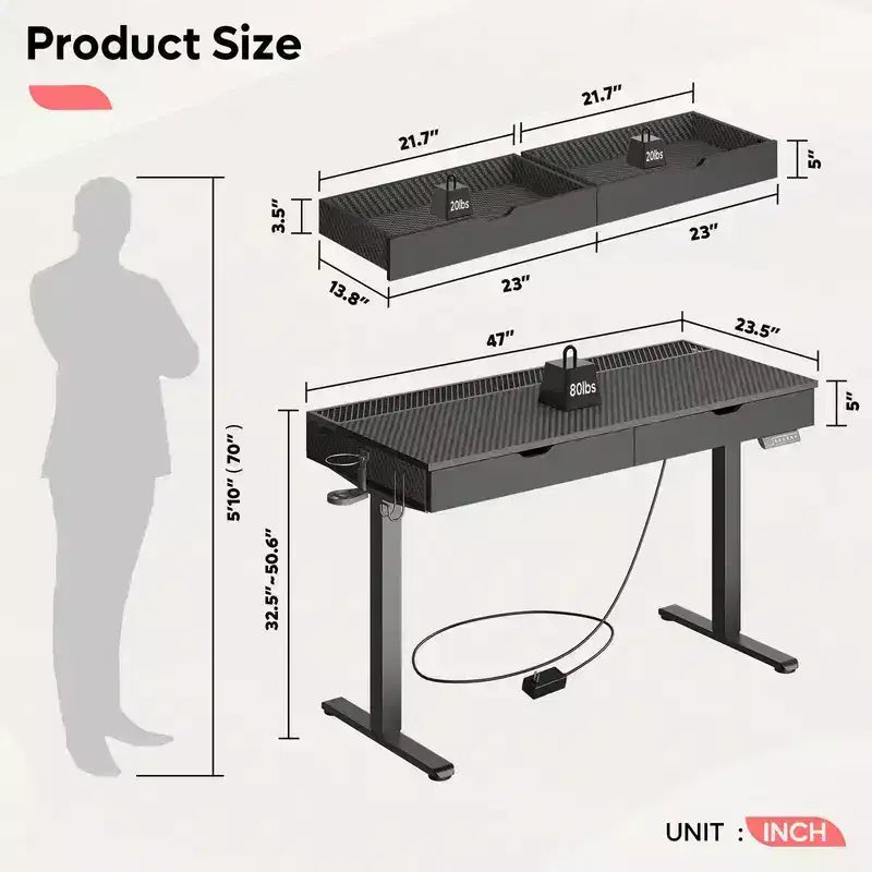 47x24" Electric Standing Desk with Dual Drawers and LED Light